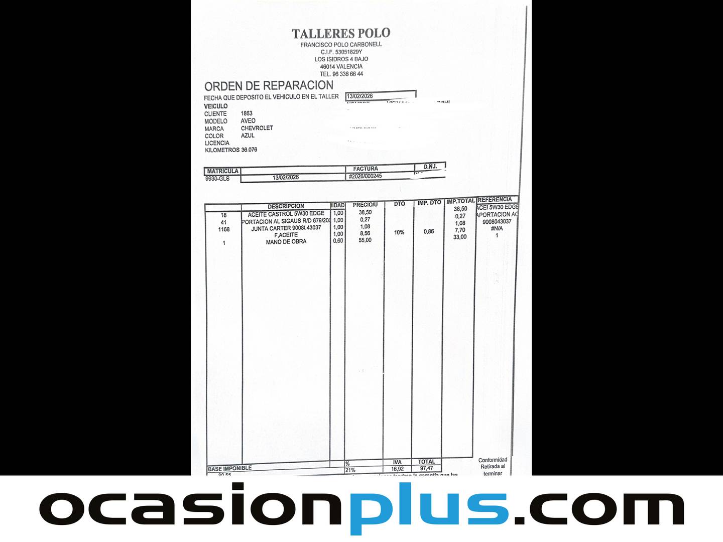 Foto del mantenimiento del Chevrolet Aveo Chevrolet Aveo 1.2 16v LS (84 CV)