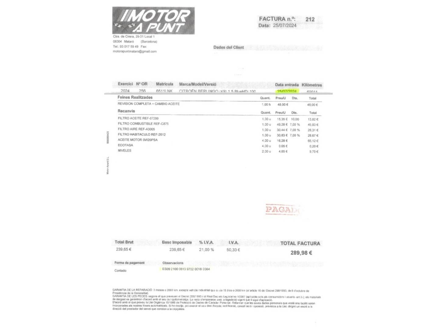 Foto del mantenimiento del Citroën Berlingo Citroen Berlingo BlueHDi 100 S&S Talla M Feel Pack (102 CV)