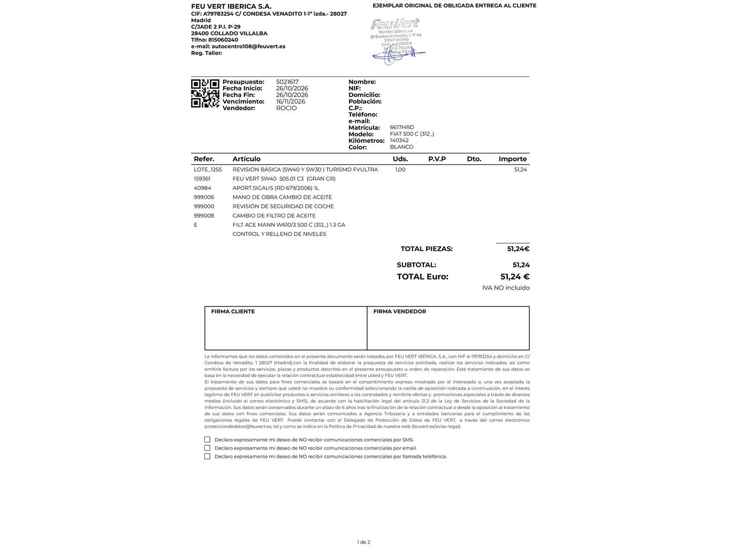 Foto del mantenimiento del Fiat 500C Fiat 500C 1.2 8v Sport Cabrio (69 CV)