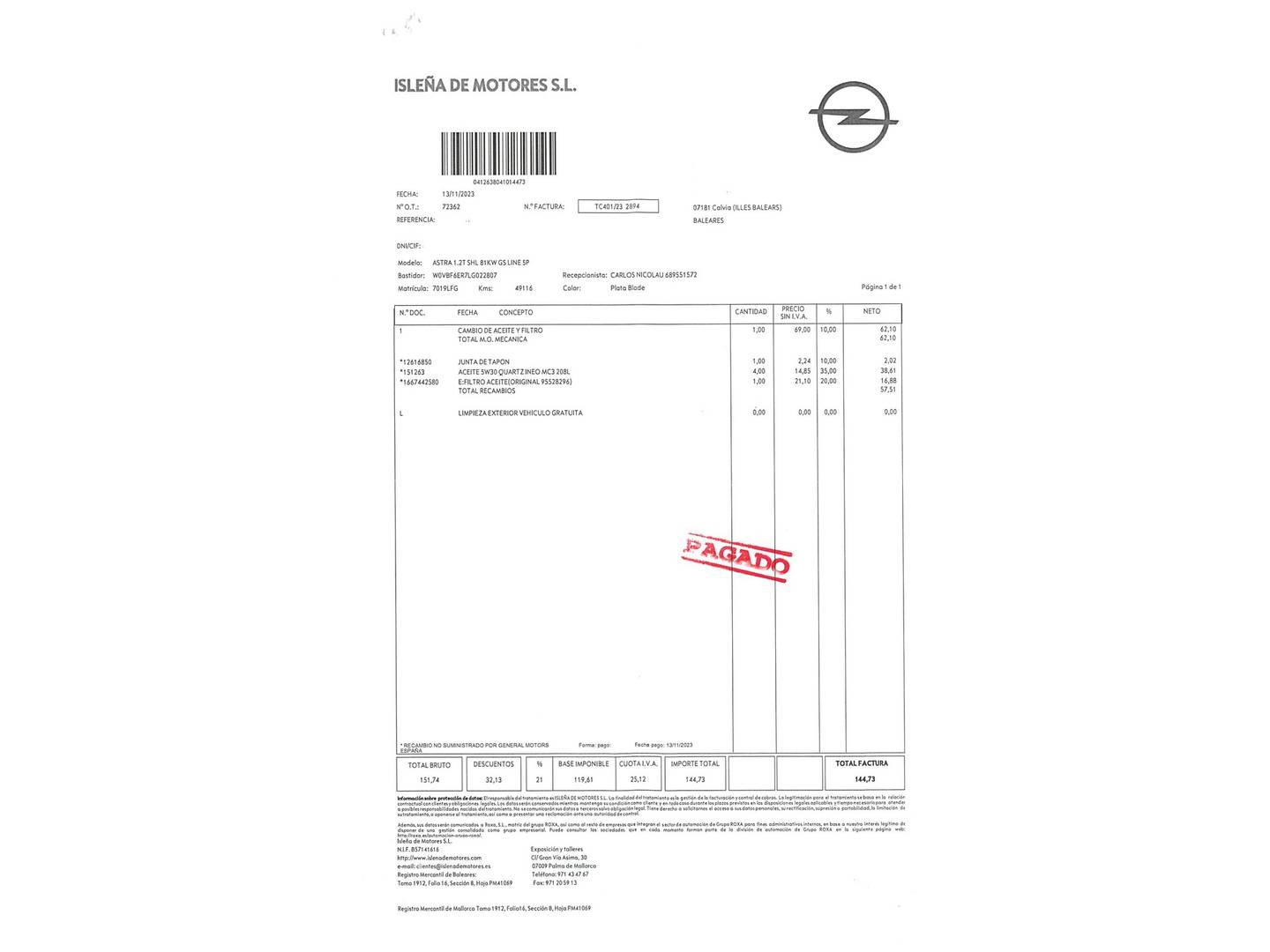 Foto del mantenimiento del Opel Astra Opel Astra 1.2 Turbo SHL GS Line (110 CV)