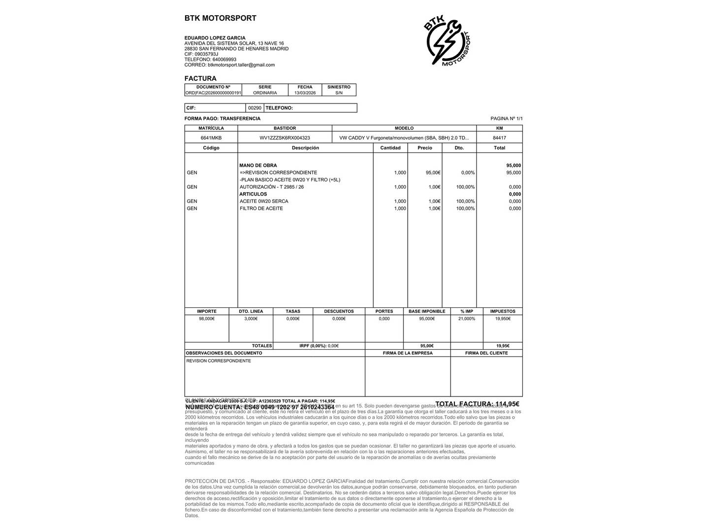 Foto del mantenimiento del Volkswagen Caddy Volkswagen Caddy Cargo Cargo 2.0 TDI (75 CV)