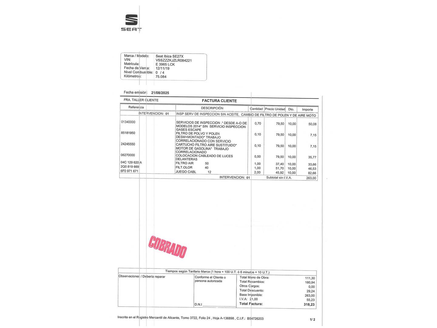 Foto del mantenimiento del Seat Ibiza Seat Ibiza 1.0 TSI S&S Reference Plus (95 CV)