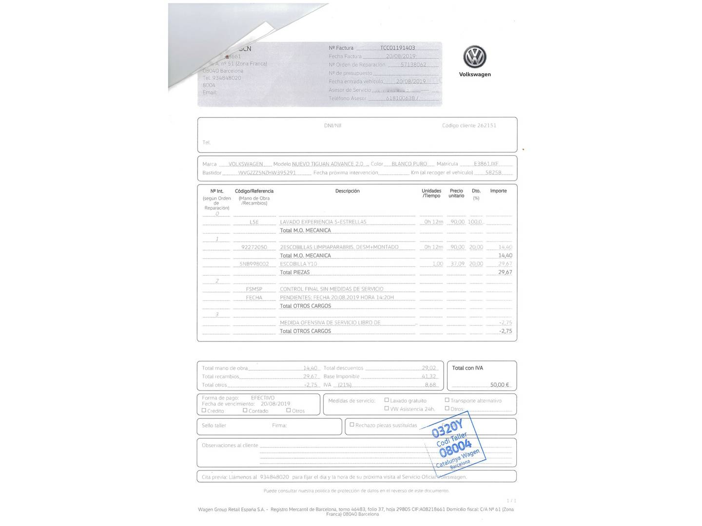 Foto del mantenimiento del Volkswagen Tiguan Volkswagen Tiguan Advance 2.0 TDI BMT (150 CV) DSG