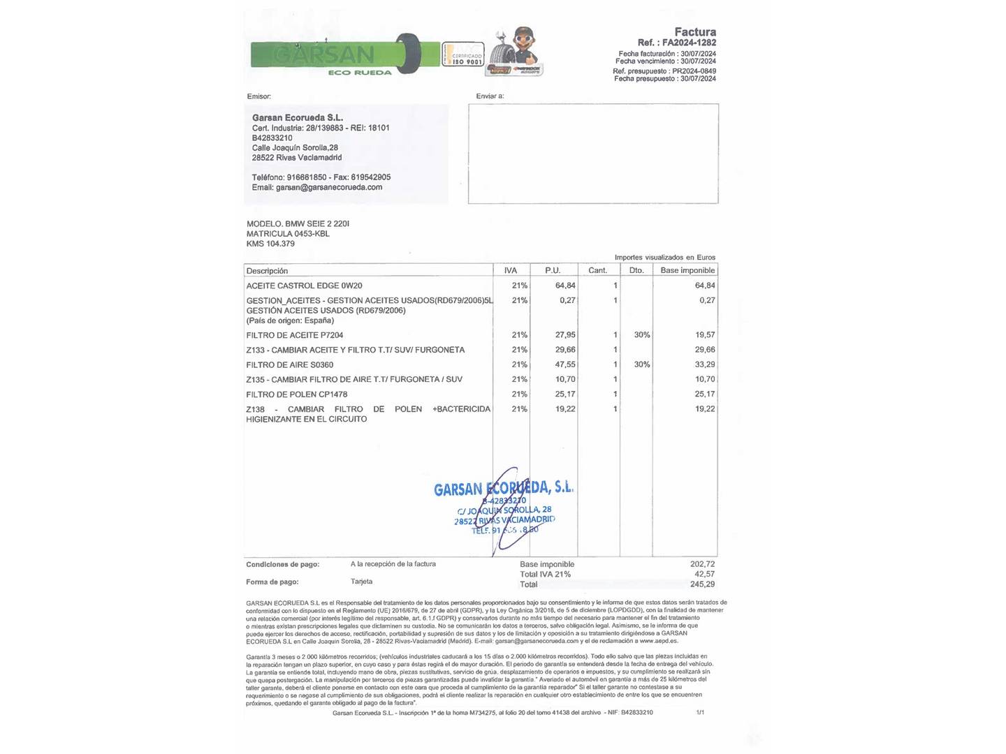 Foto del mantenimiento del BMW Serie 2 Active Tourer BMW Serie 2 220i Active Tourer (192 CV)