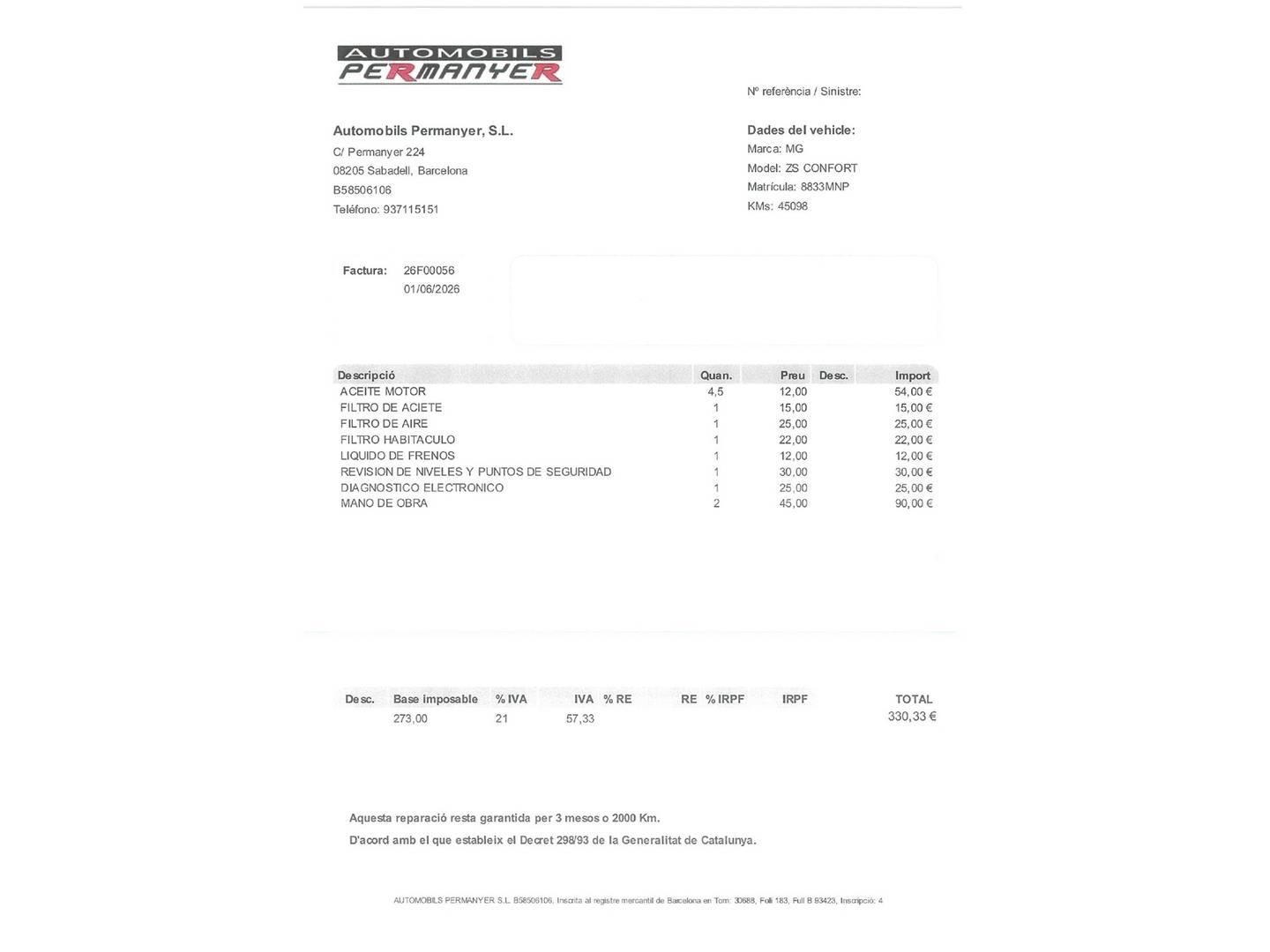 Foto del mantenimiento del MG ZS MG ZS 1.5 Comfort (106 CV)