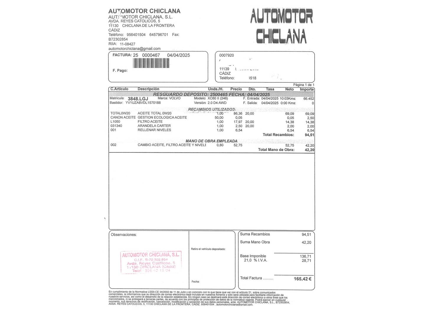 Foto del mantenimiento del Volvo XC60 Volvo XC60 D4 Inscription Auto (190 CV)