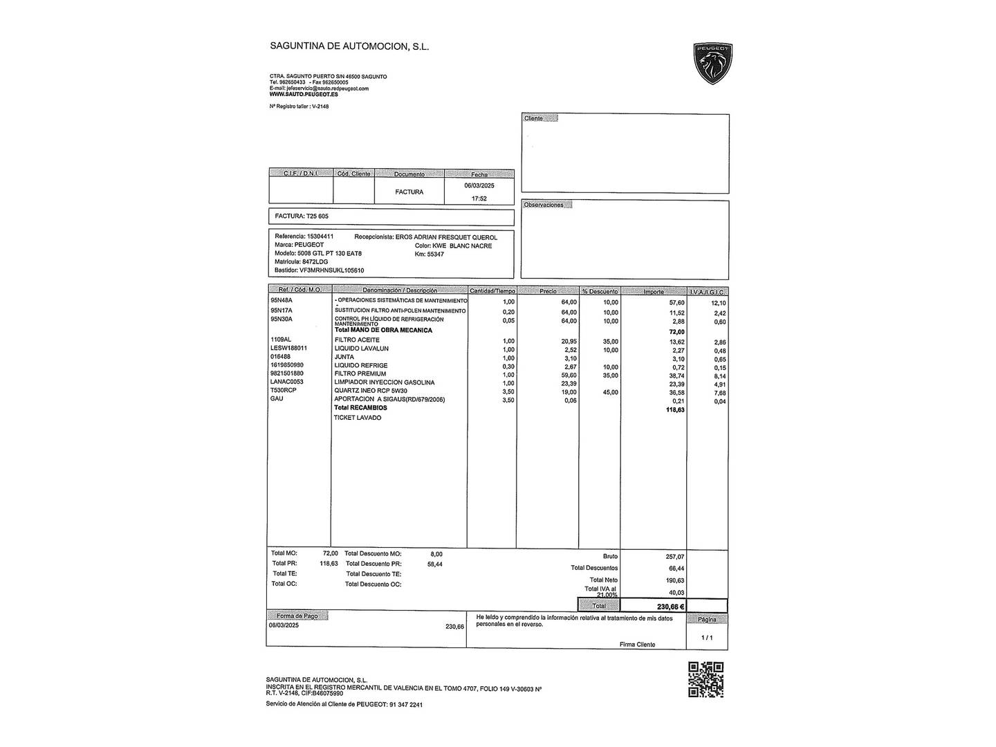 Foto del mantenimiento del Peugeot 5008 Peugeot 5008 PureTech 130 GT Line EAT8 (130 CV) 7 PLAZAS
