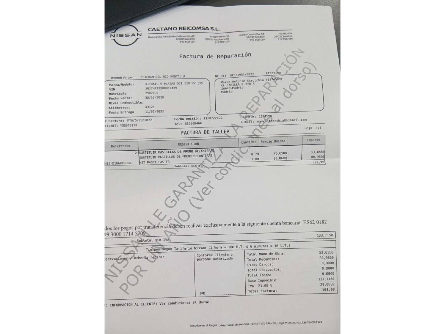Foto del mantenimiento del Nissan X-TRAIL Nissan X-Trail dCi 150 N-Connecta 4x2 (150 CV)