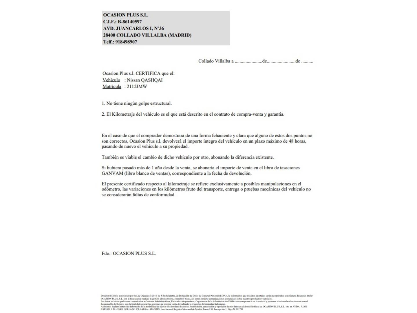 Foto del certificado del Nissan QASHQAI Nissan Qashqai 1.6 dCi N-Connecta 4x2 (130 CV)
