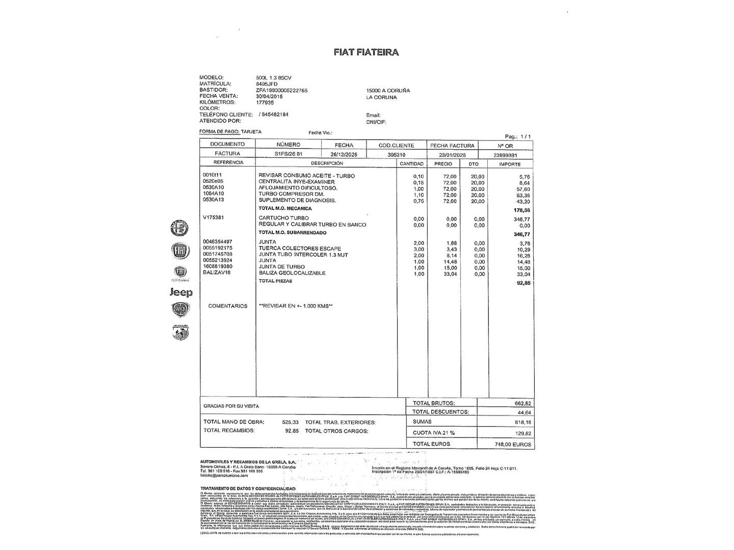 Foto del mantenimiento del Fiat 500L Fiat 500L 1.3 MultiJet II S&S Pop Star (85 CV)