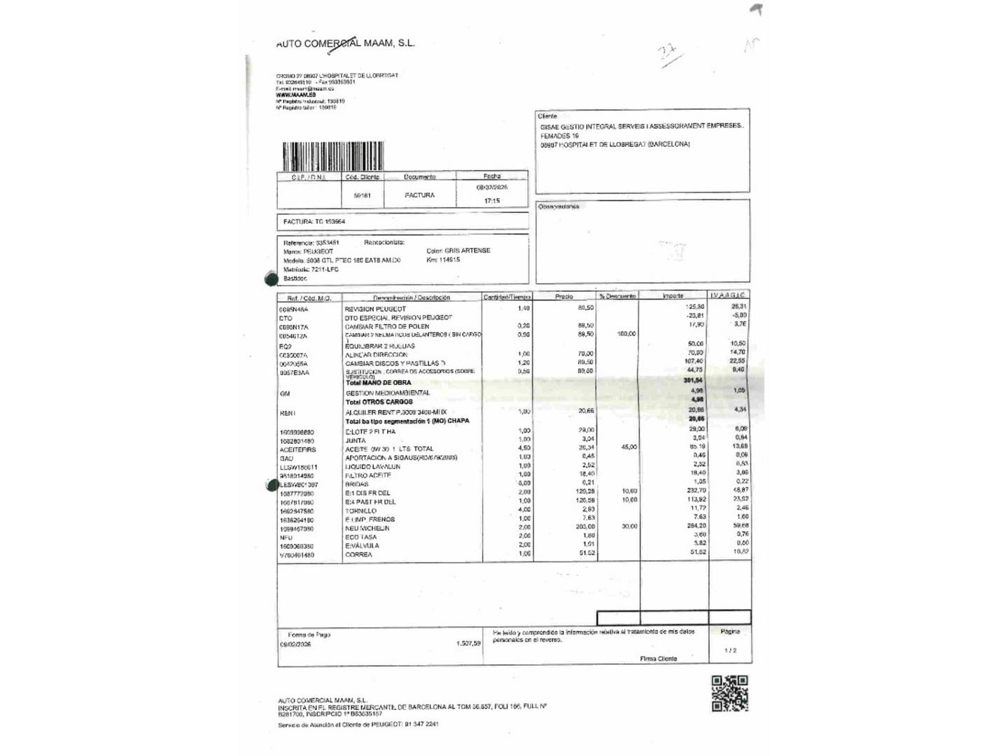 Foto del mantenimiento del Peugeot 5008 Peugeot 5008 PureTech 180 GT Line EAT8 (180 CV) 7 Plazas