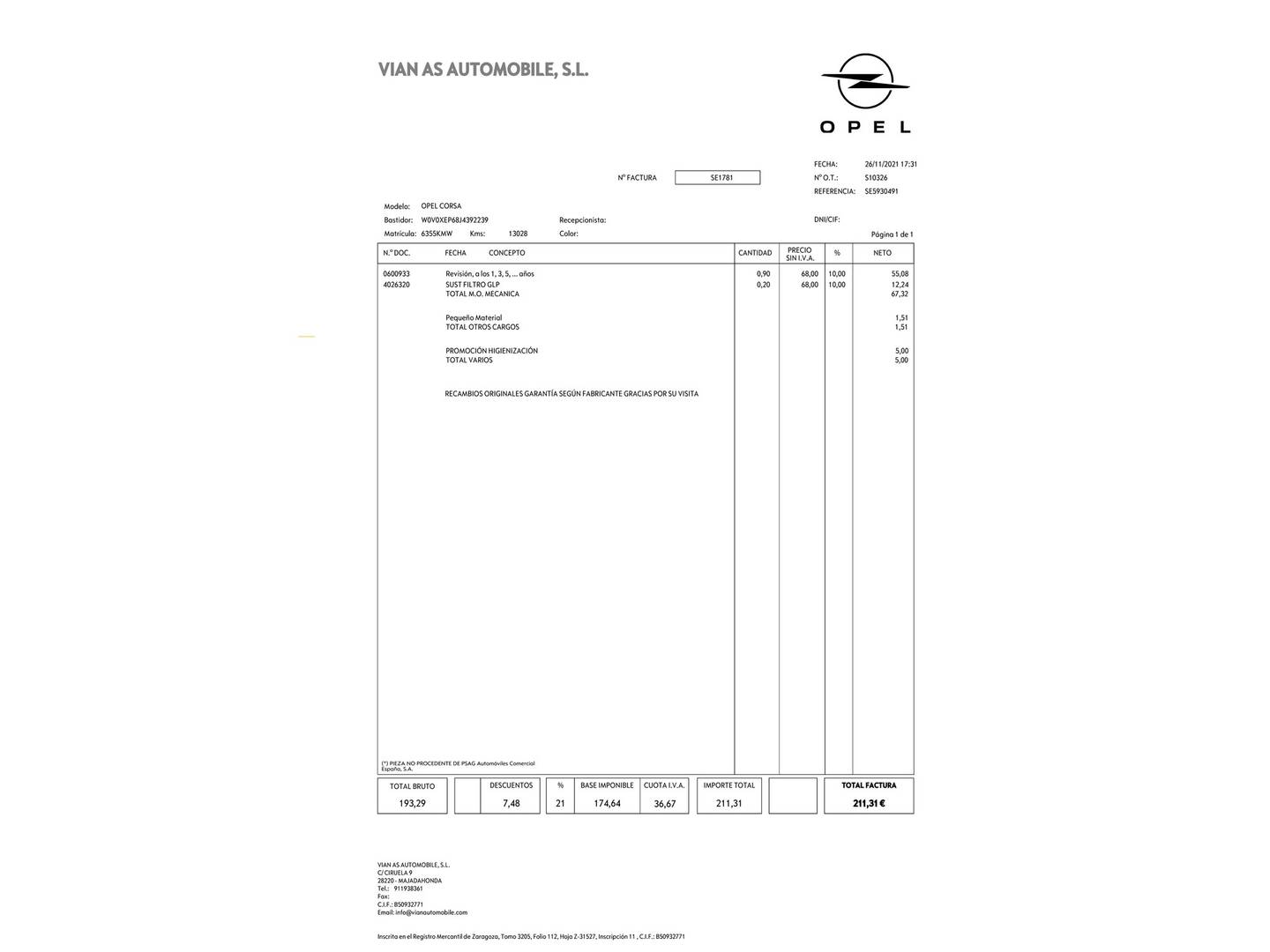 Foto del mantenimiento del Opel Corsa Opel Corsa 1.4 GLP Selective (90 CV)