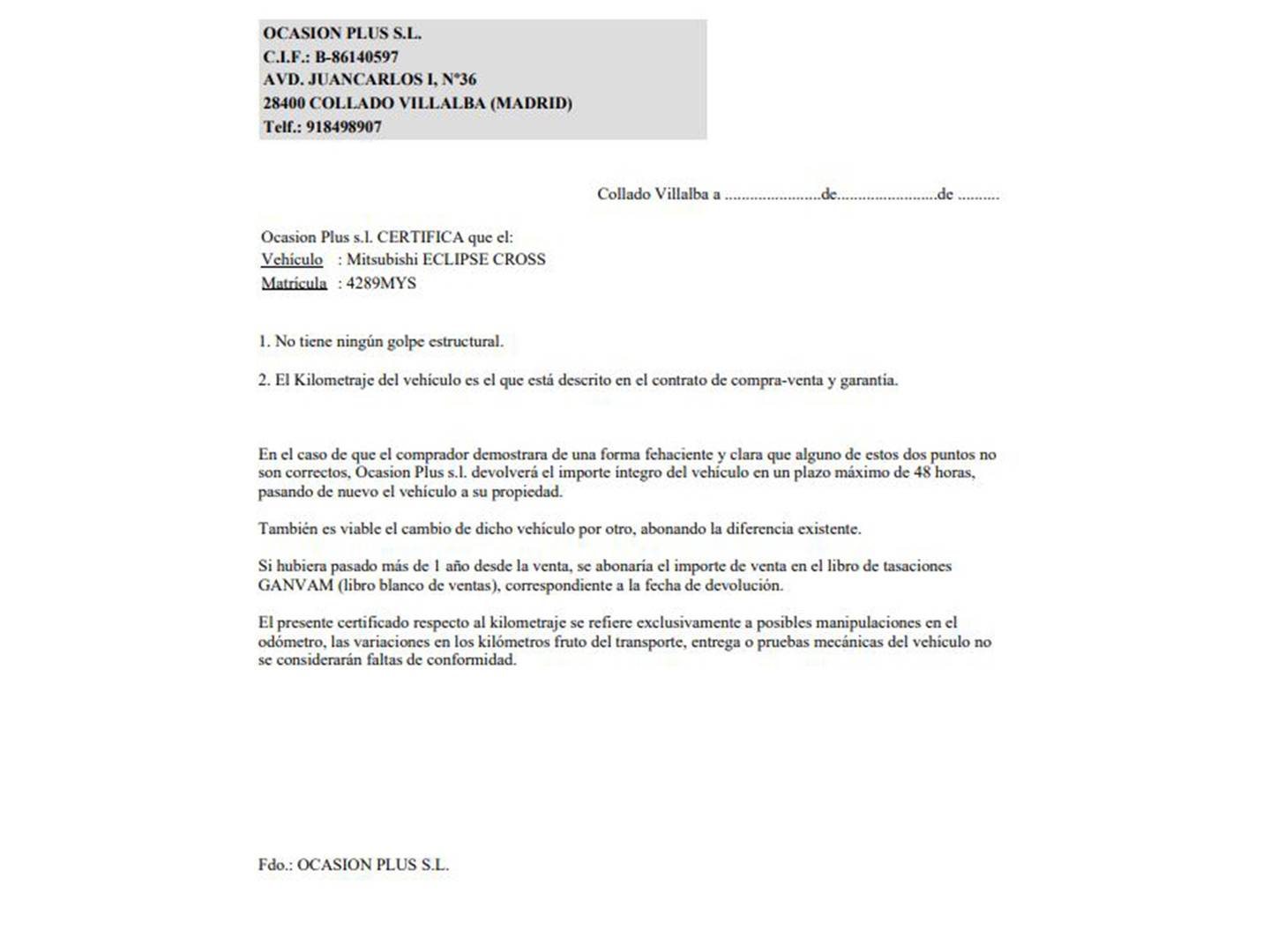 Foto del certificado del Mitsubishi Eclipse Cross Mitsubishi Eclipse Cross 2.4 PHEV Kaiteki 4WD Auto (188 CV)