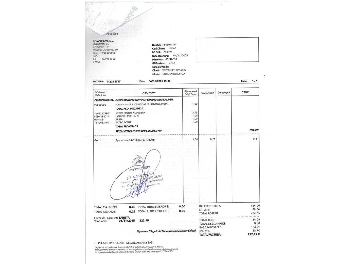 Foto del mantenimiento del Citroën Berlingo Citroën Berlingo BlueHDi 130 S&S Talla M Max Auto (130 CV)