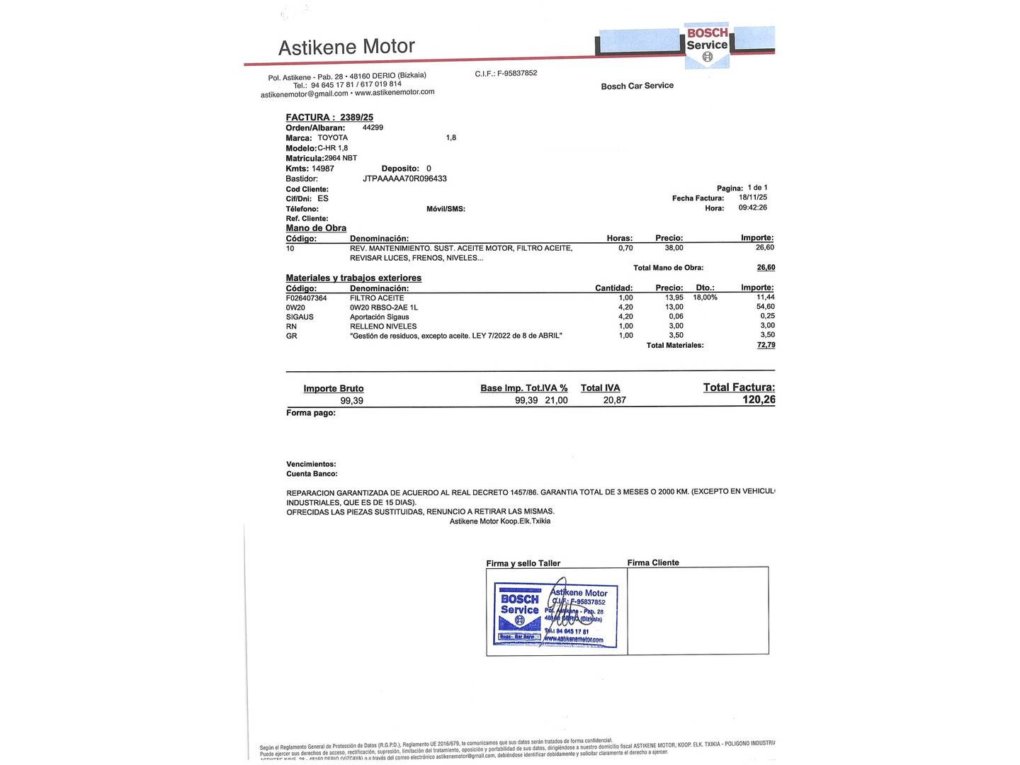 Foto del mantenimiento del Toyota C-HR Toyota C-HR 140H Advance (140 CV)