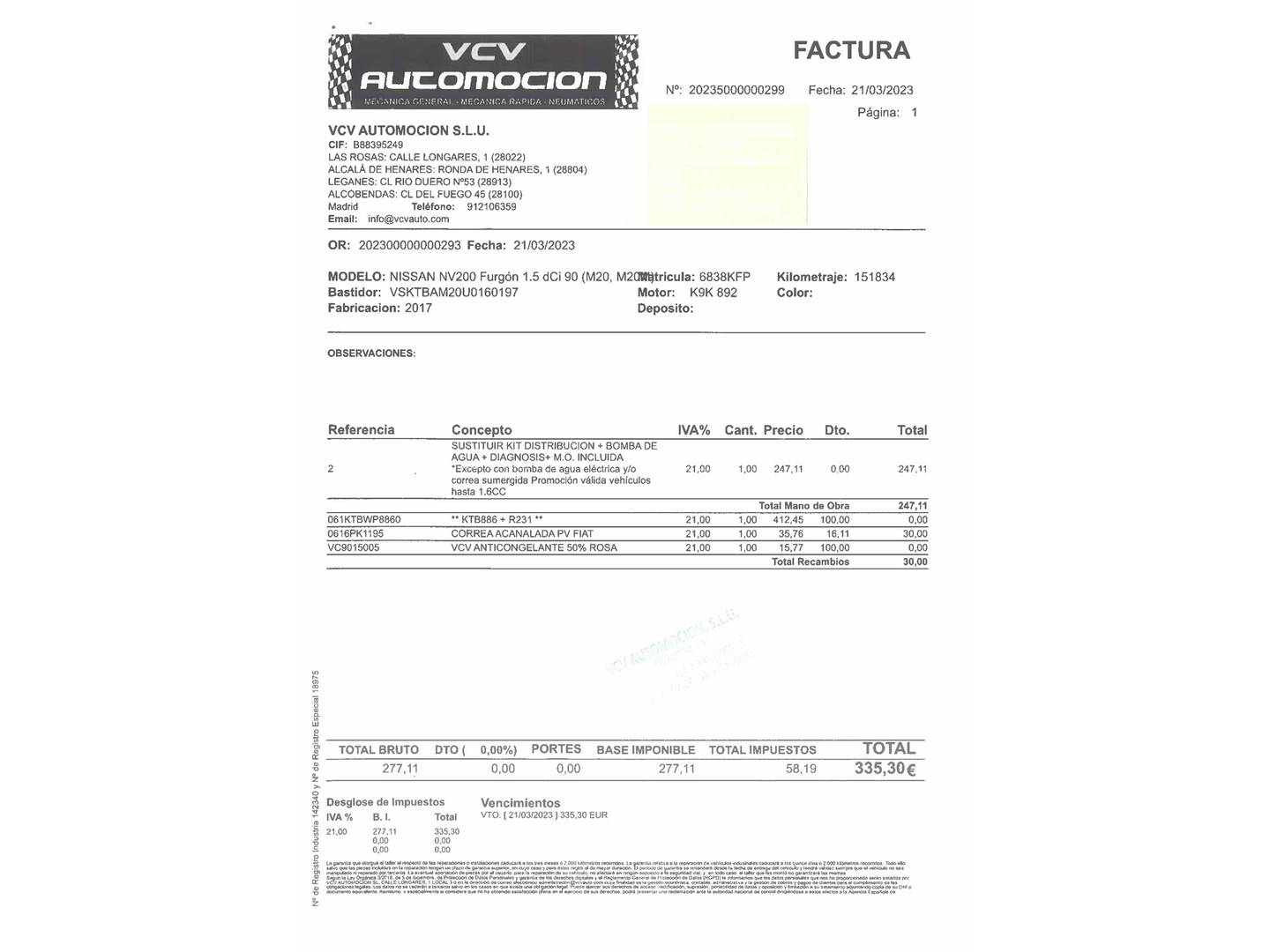 Foto del mantenimiento del Nissan NV200 Nissan NV200 Combi 1.5 dCi Comfort (90 CV)