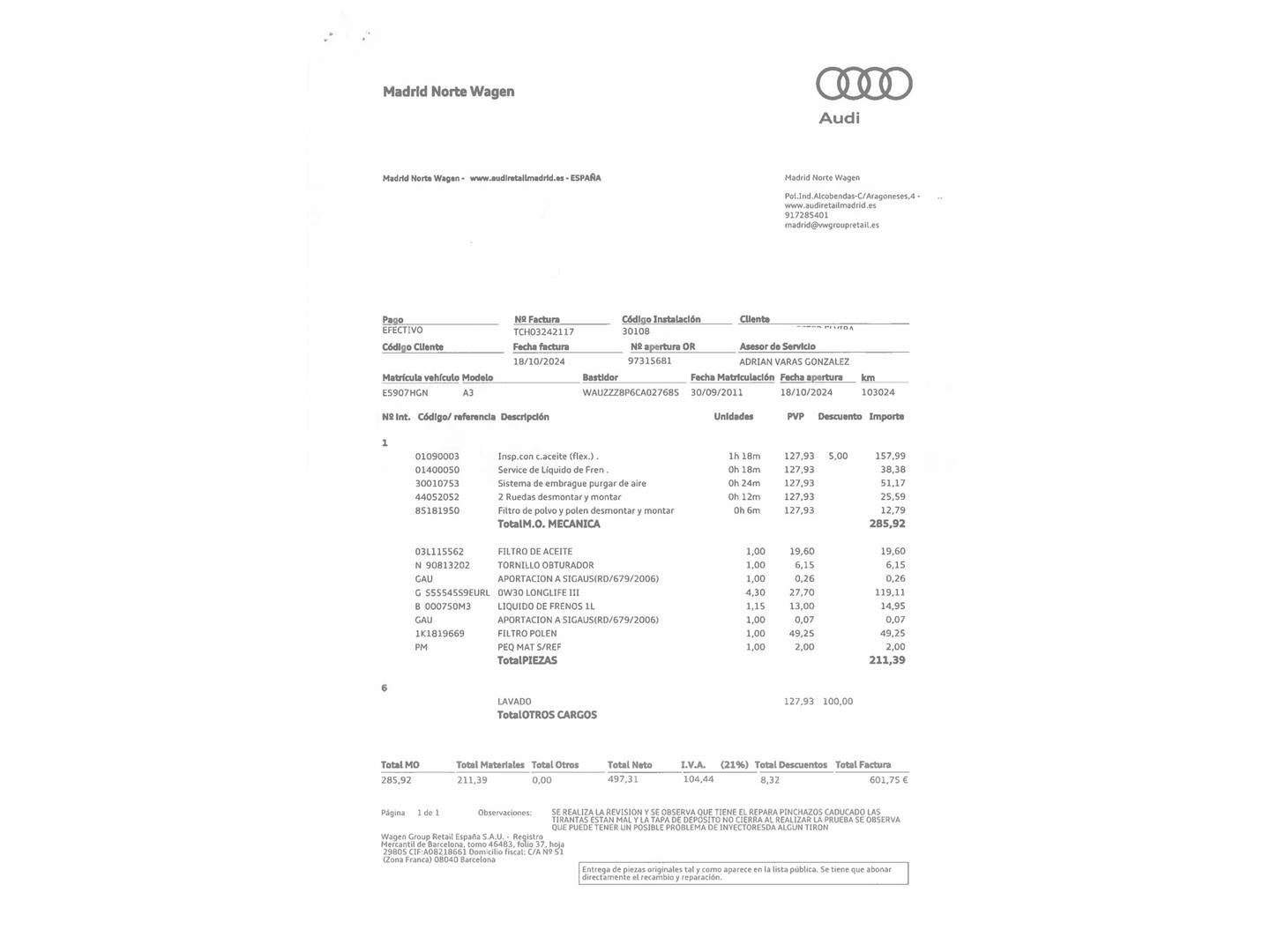 Foto del mantenimiento del Audi A3 Audi A3 Sportback Attraction 1.6 TDI (105 CV)