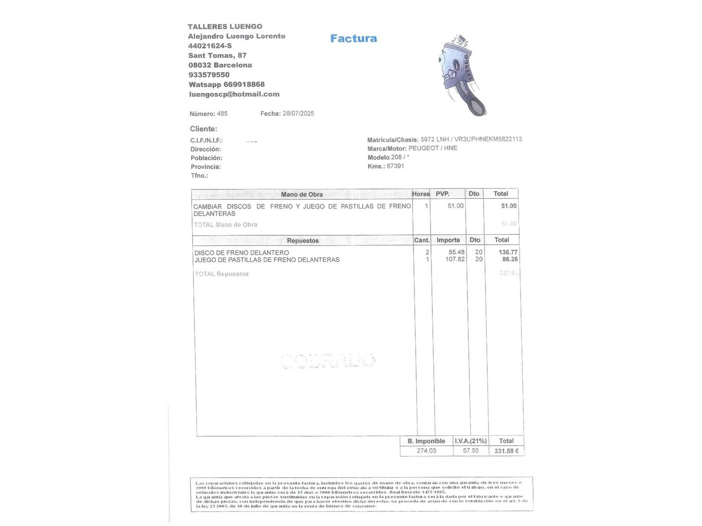 Foto del mantenimiento del Peugeot 208 Peugeot 208 PureTech 100 Active Pack (100 CV)