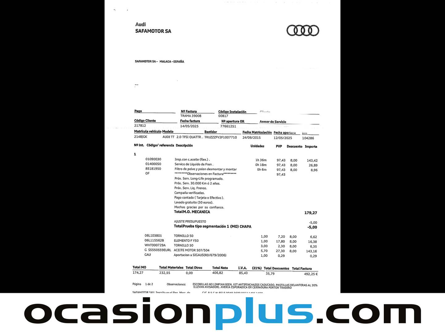 Foto del mantenimiento del Audi TT Audi TT Coupe Coupe 2.0 TFSI quattro (230 CV) S tronic Pack S-Line