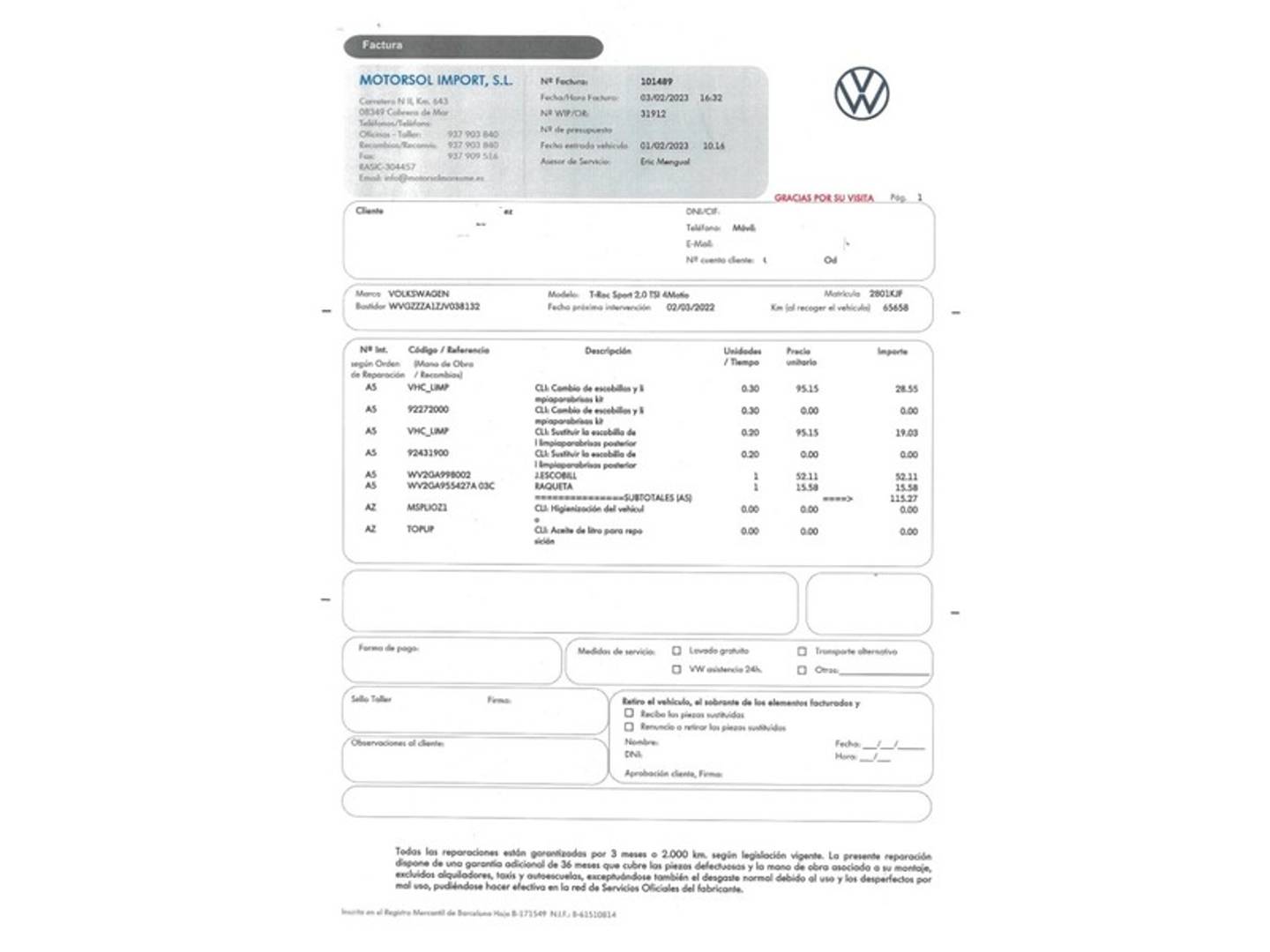 Foto del mantenimiento del Volkswagen T-Roc Volkswagen T-Roc Sport 2.0 TSI 4Motion (190 CV) DSG