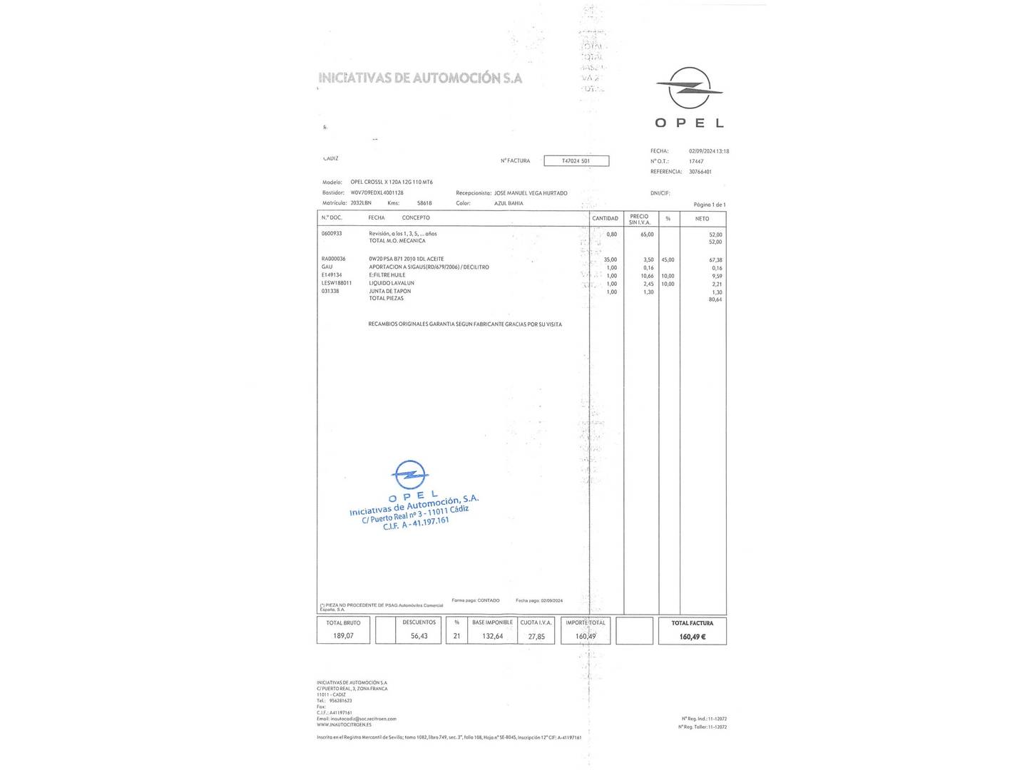 Foto del mantenimiento del Opel Crossland X Opel Crossland X 1.2 Design Line 120 Aniversario (110 CV)