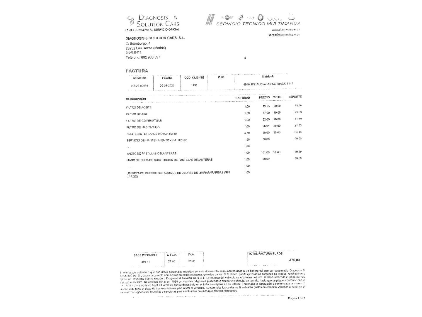Foto del mantenimiento del Audi A3 Sportback Audi A3 Sportback Advanced 1.6 TDI clean diesel (110 CV)