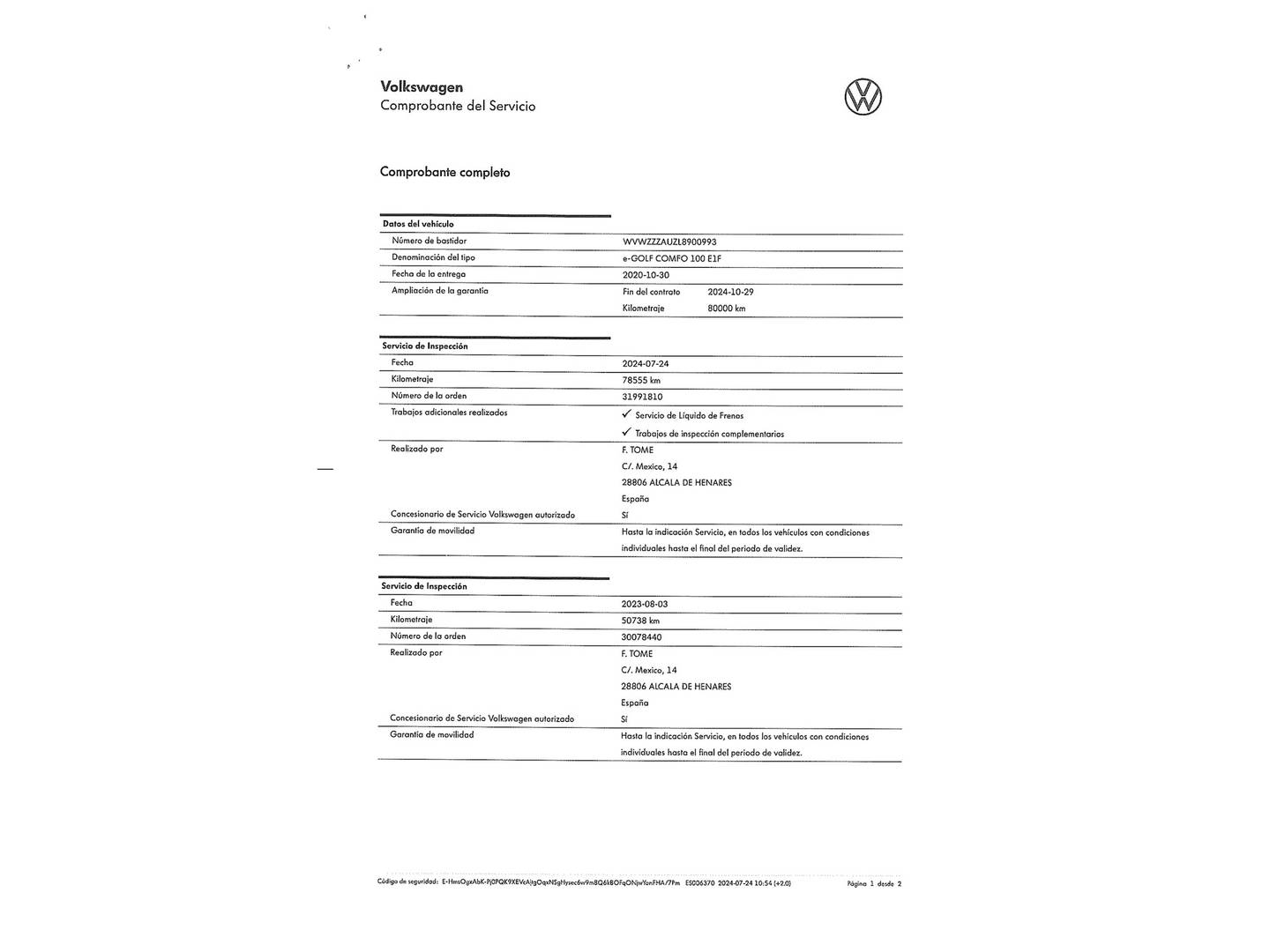 Foto del mantenimiento del Volkswagen Golf Volkswagen e-Golf ePower (136 CV)