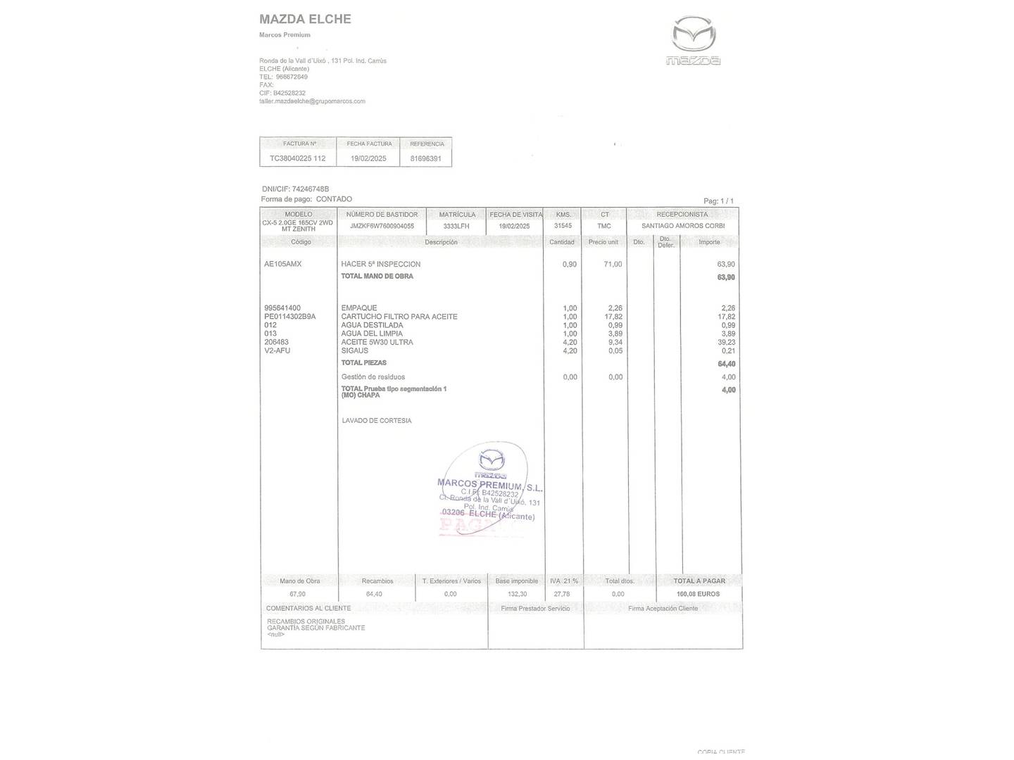 Foto del mantenimiento del Mazda CX-5 Mazda CX-5 2.0 G Zenith 2WD (165 CV)
