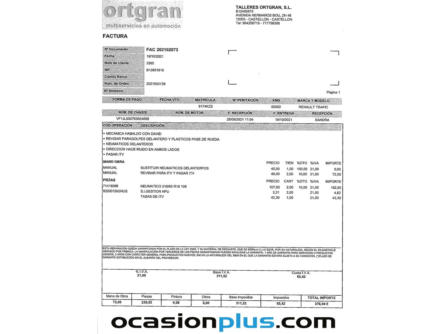 Foto del mantenimiento del Renault Trafic Renault Trafic Passenger Passenger Energy dCi (120 CV) 6 plazas