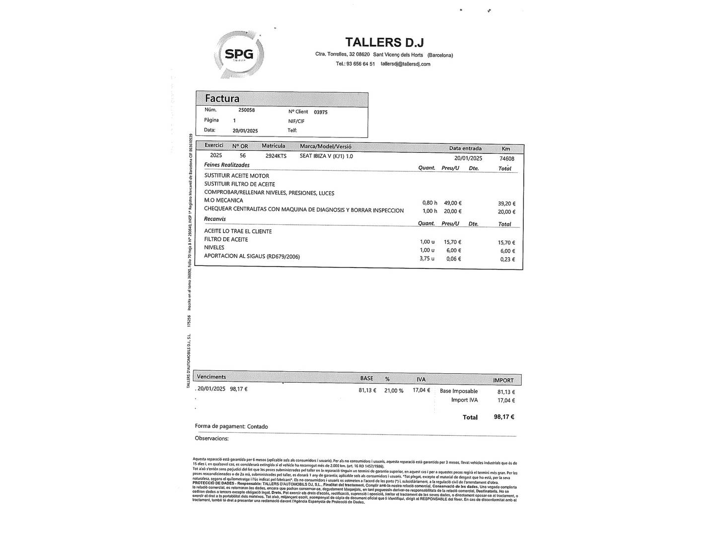 Foto del mantenimiento del Seat Ibiza Seat Ibiza 1.0 MPI Style Plus (80 CV)