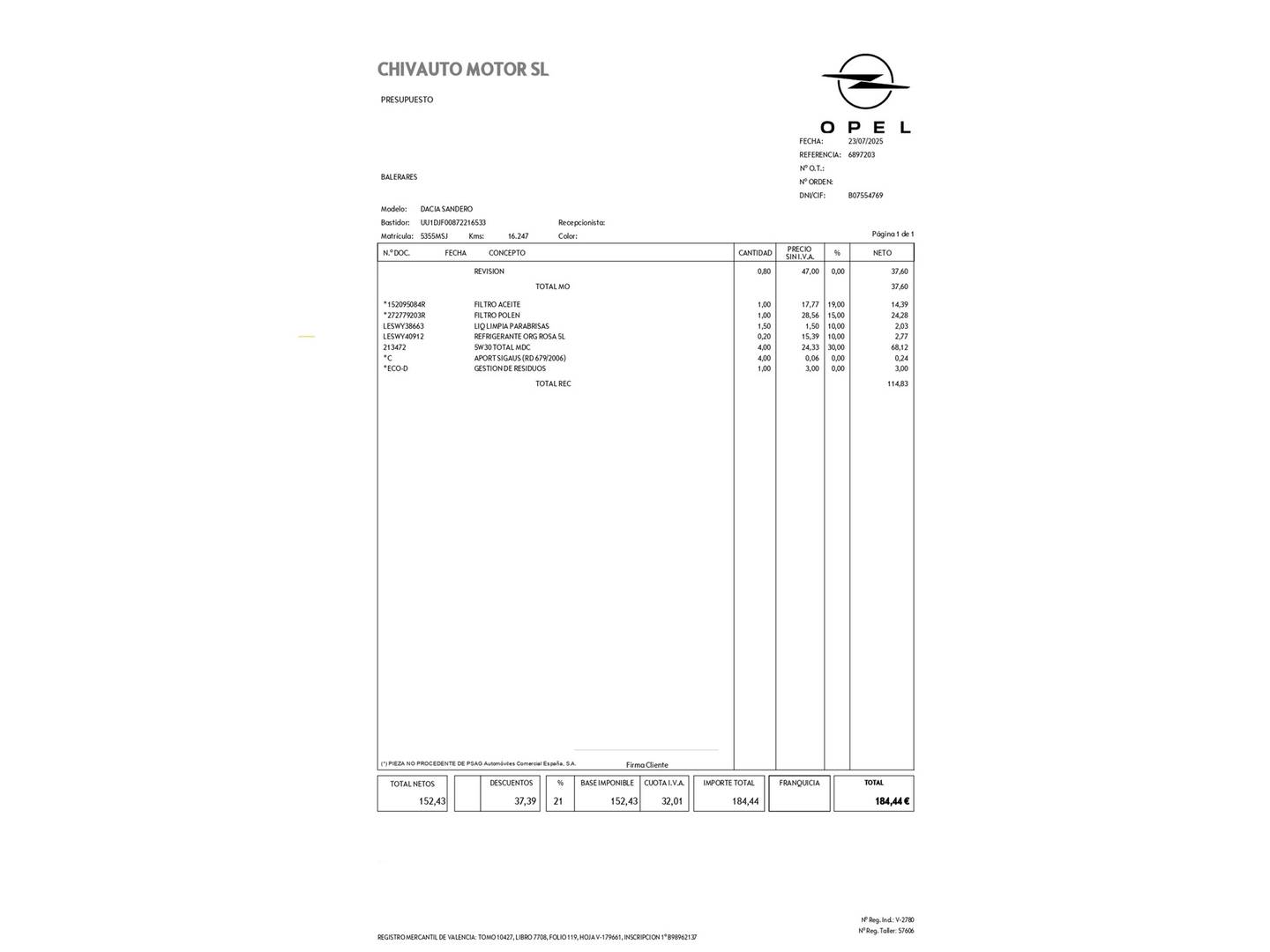 Foto del mantenimiento del Dacia Sandero Dacia Sandero Stepway Expression TCe (91 CV)