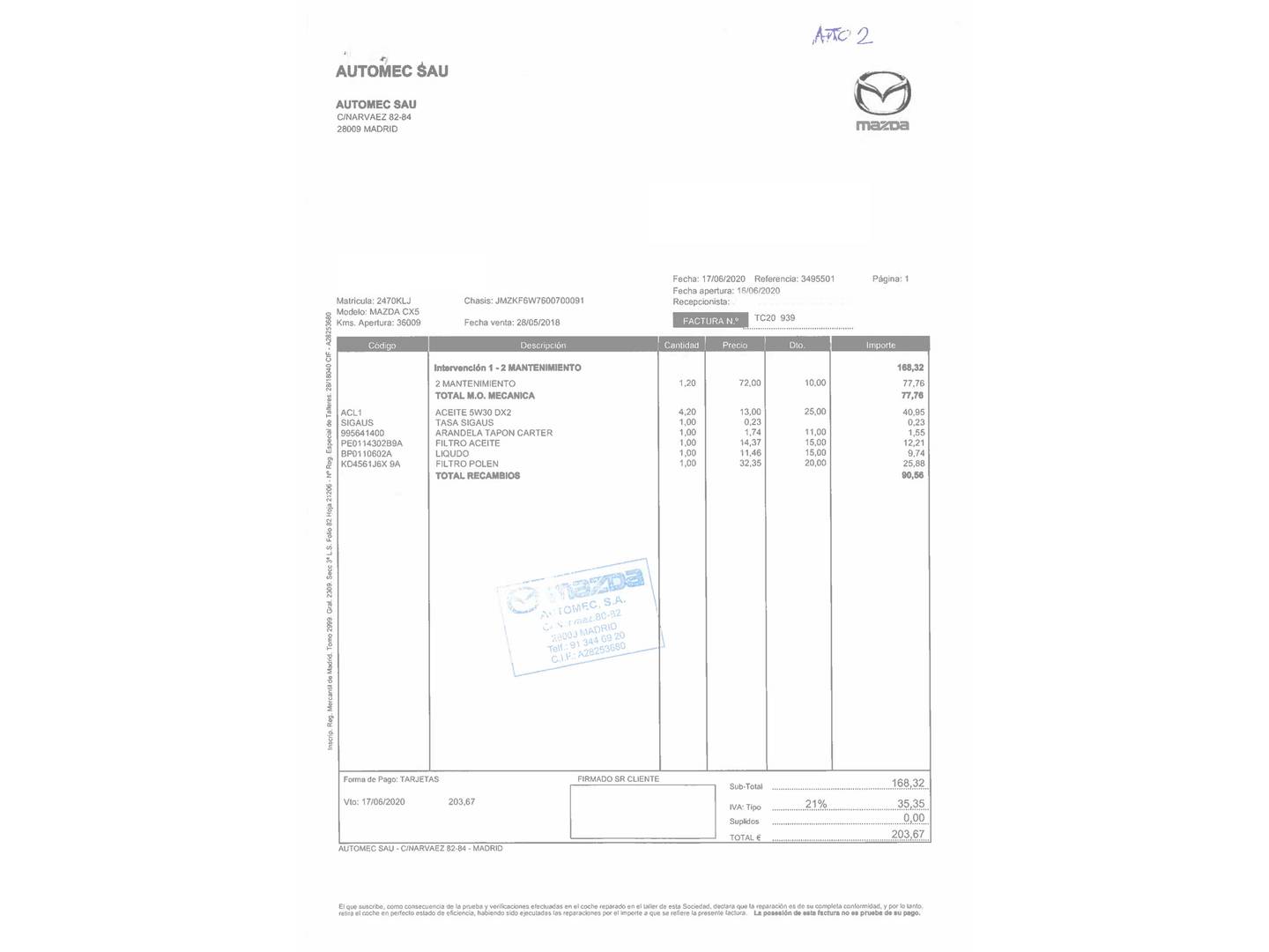 Foto del mantenimiento del Mazda CX-5 Mazda CX-5 2.0 GE Evolution 2WD (165 CV)