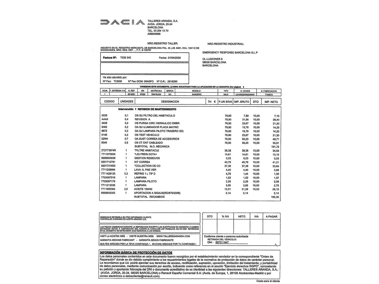 Foto del mantenimiento del Dacia Sandero Dacia Sandero Essential 1.0 (73 CV)