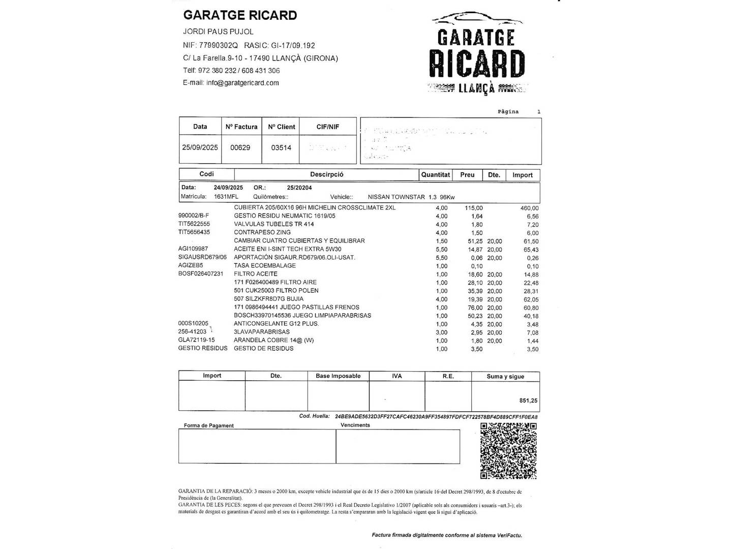 Foto del mantenimiento del Nissan Townstar Nissan Townstar 1.3G L1 Tekna  (130 CV)