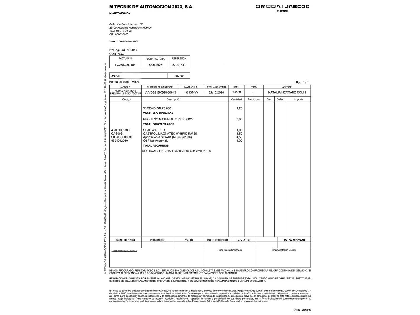 Foto del mantenimiento del OMODA 5 OMODA 5 1.6 TGDI Premium (145 CV)