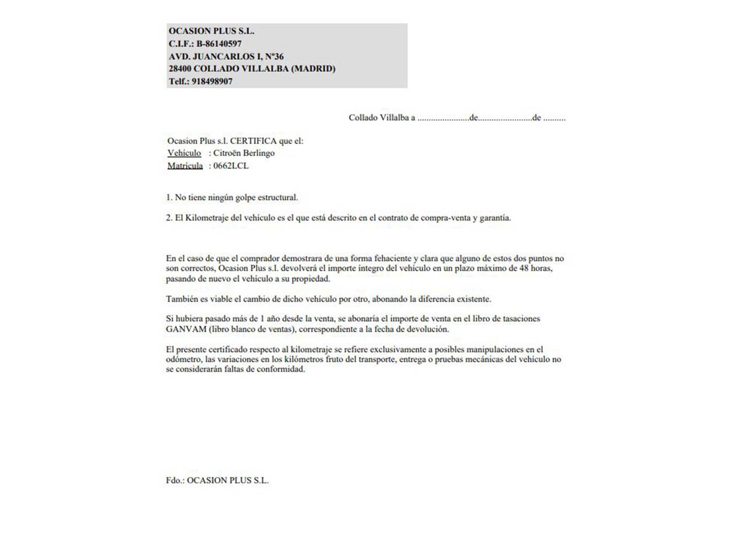Foto del certificado del Citroën Berlingo Citroën Berlingo BlueHDi 130 S&S Talla XL Shine EAT8 (130 CV) 7 Plazas