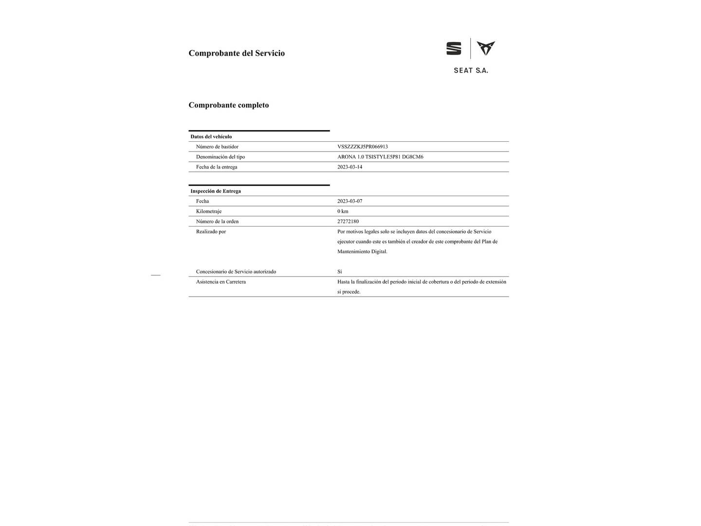 Foto del mantenimiento del Seat Arona Seat Arona 1.0 TSI Style XL Edition (110 CV)