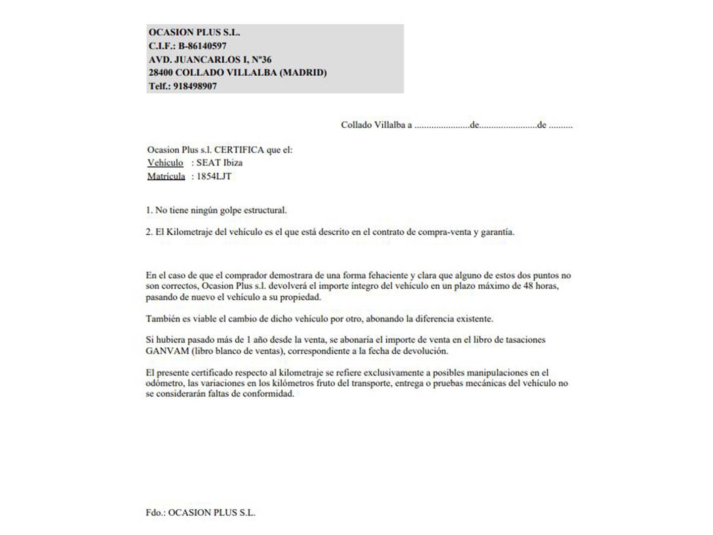 Foto del certificado del Seat Ibiza Seat Ibiza 1.0 TSI FR Plus (115 CV)