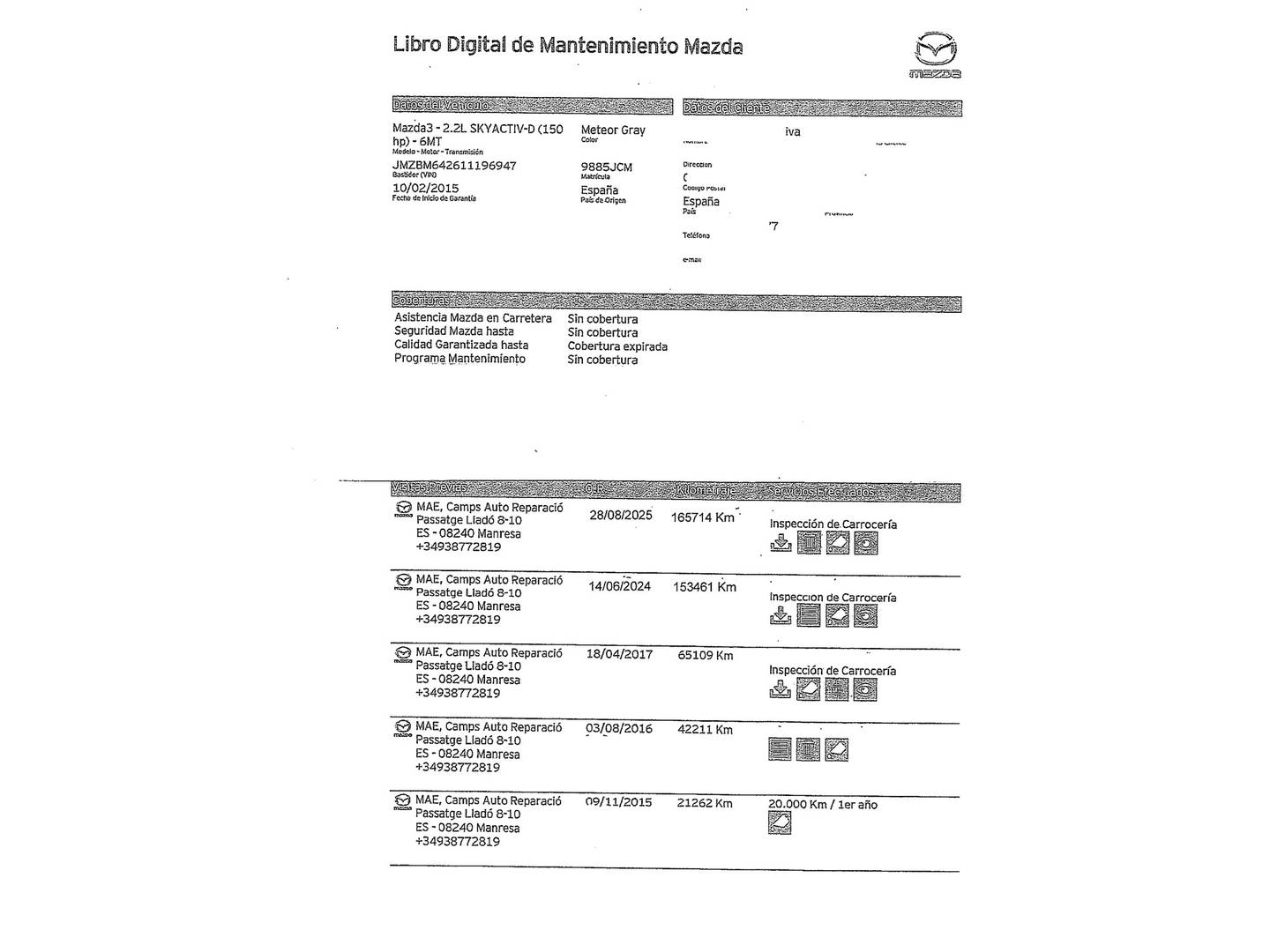Foto del mantenimiento del Mazda Mazda3 Mazda Mazda 3 2.2 DE Luxury (150 CV)
