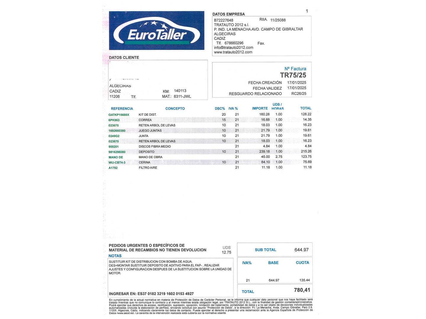 Foto del mantenimiento del Peugeot Partner Peugeot Partner Tepee BlueHDi 100 Access (100 CV)