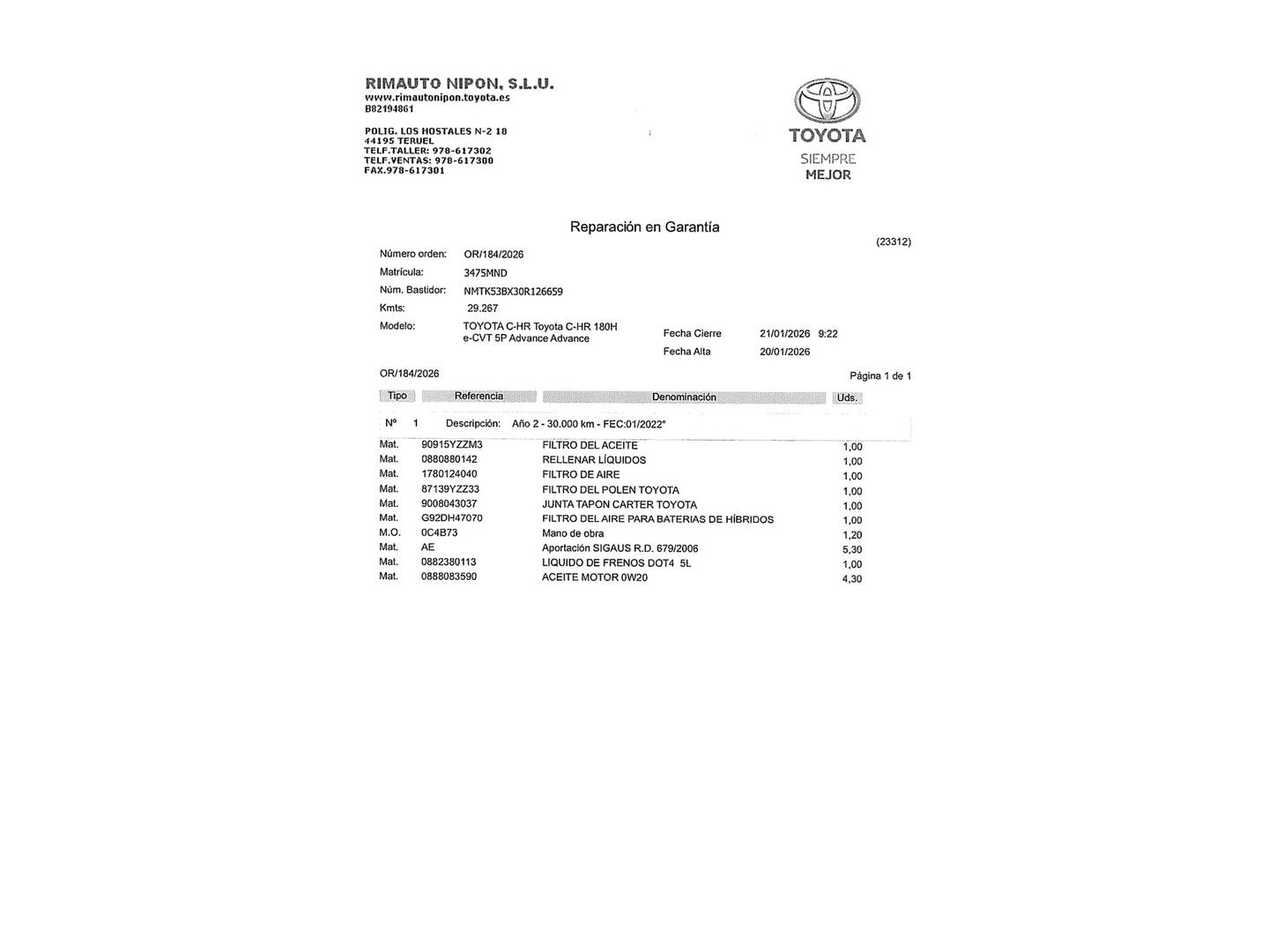 Foto del mantenimiento del Toyota C-HR Toyota C-HR 200H Advance (184 CV)