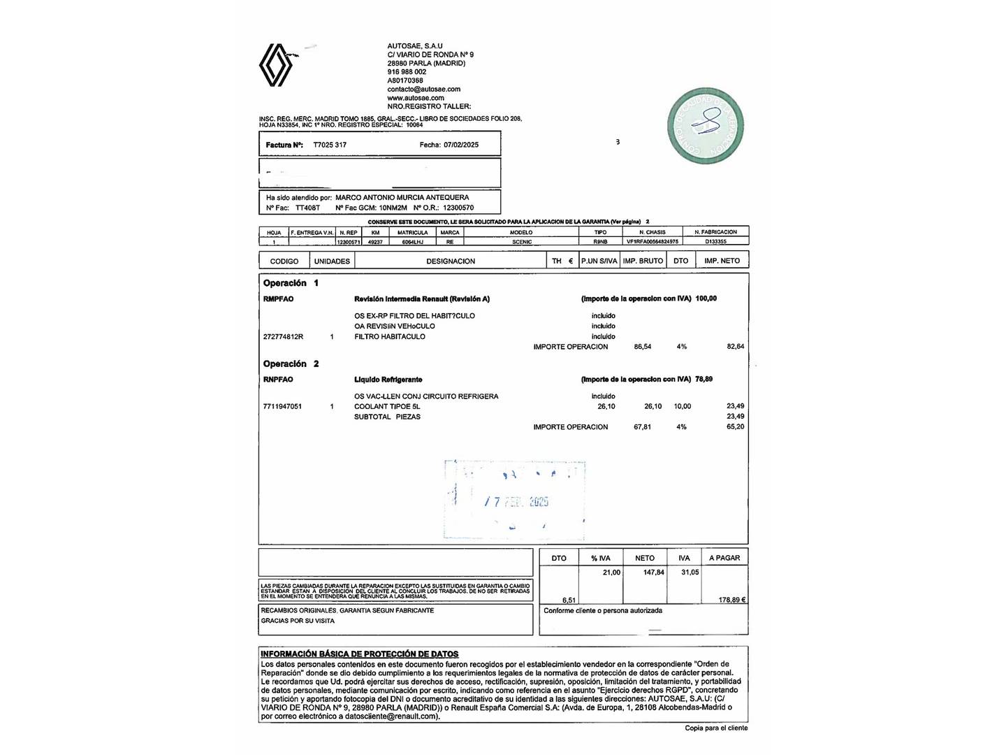 Foto del mantenimiento del Renault Grand Scénic Renault Grand Scenic Zen TCe (140 CV) EDC GPF