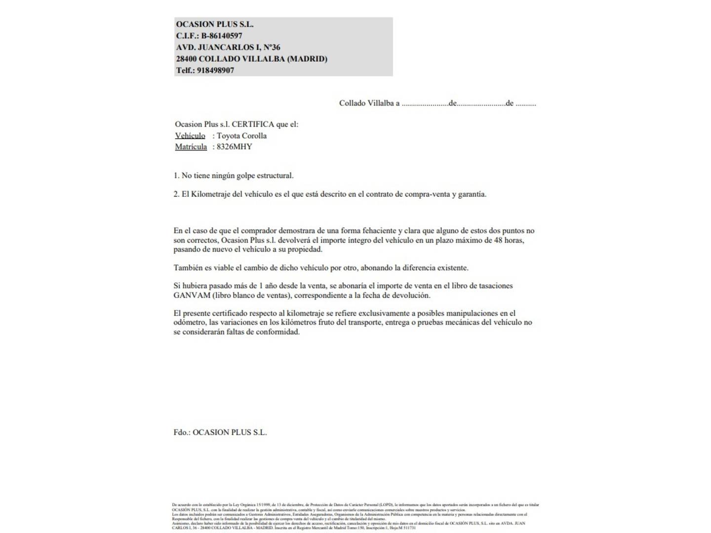 Foto del certificado del Toyota Corolla Toyota Corolla 1.8 140H Style Plus (140 CV)