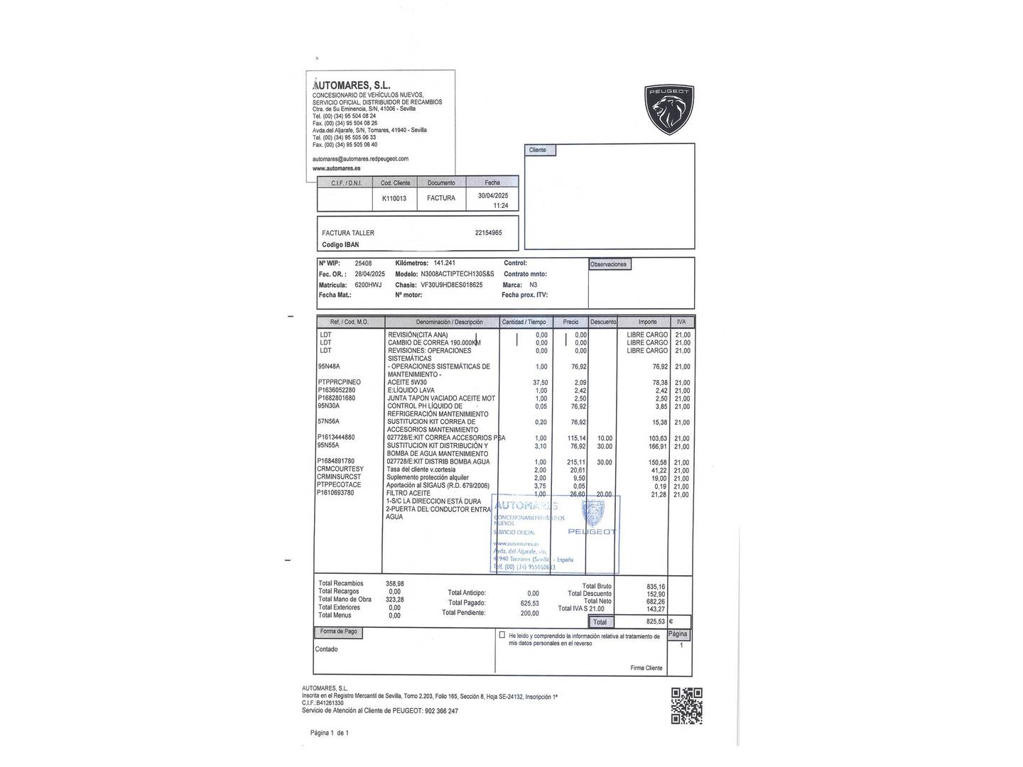 Foto del mantenimiento del Peugeot 3008 Peugeot 3008 1.6 HDI Active FAP (115 CV)