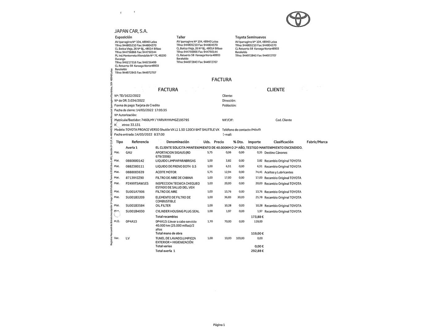 Foto del mantenimiento del Toyota Proace Verso Toyota Proace Verso 1.5D VX Shuttle L1 (120 CV) 9 Plazas