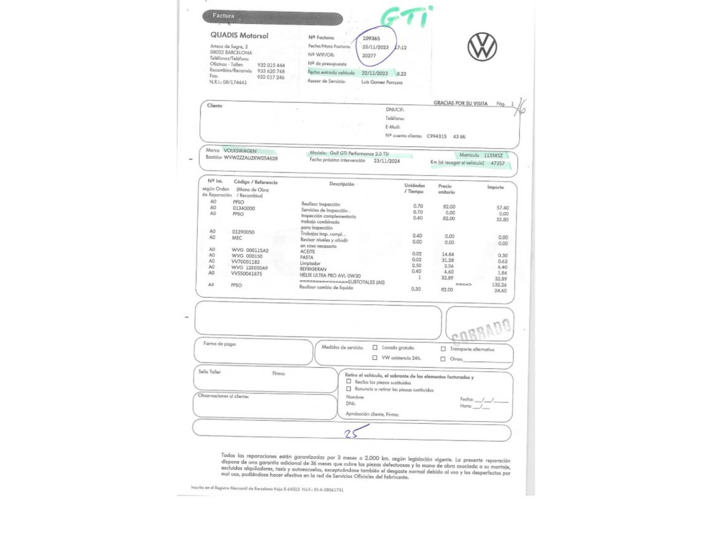 Foto del mantenimiento del Volkswagen Golf Volkswagen Golf Performance 2.0 TSI (245CV) DSG
