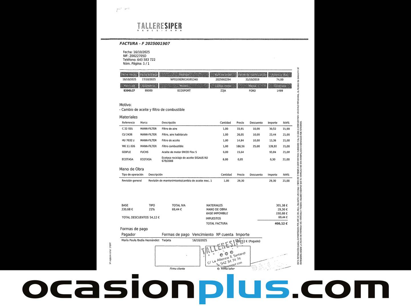 Foto del mantenimiento del Ford EcoSport Ford EcoSport 1.5 TDCi EcoBlue S&S Titanium (100 CV)