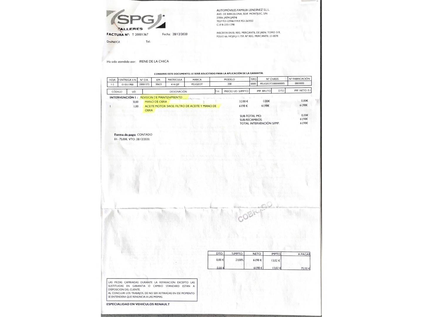Foto del mantenimiento del Peugeot 208 Peugeot 208 PureTech 82 Style (82 CV)