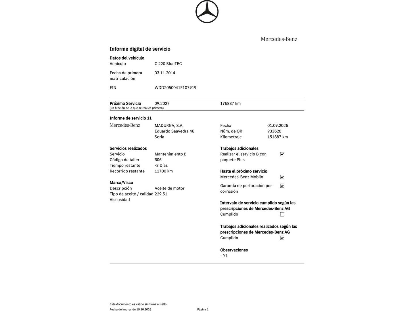 Foto del mantenimiento del Mercedes Clase C Mercedes Clase C 220 BlueTEC Avantgarde (170 CV)