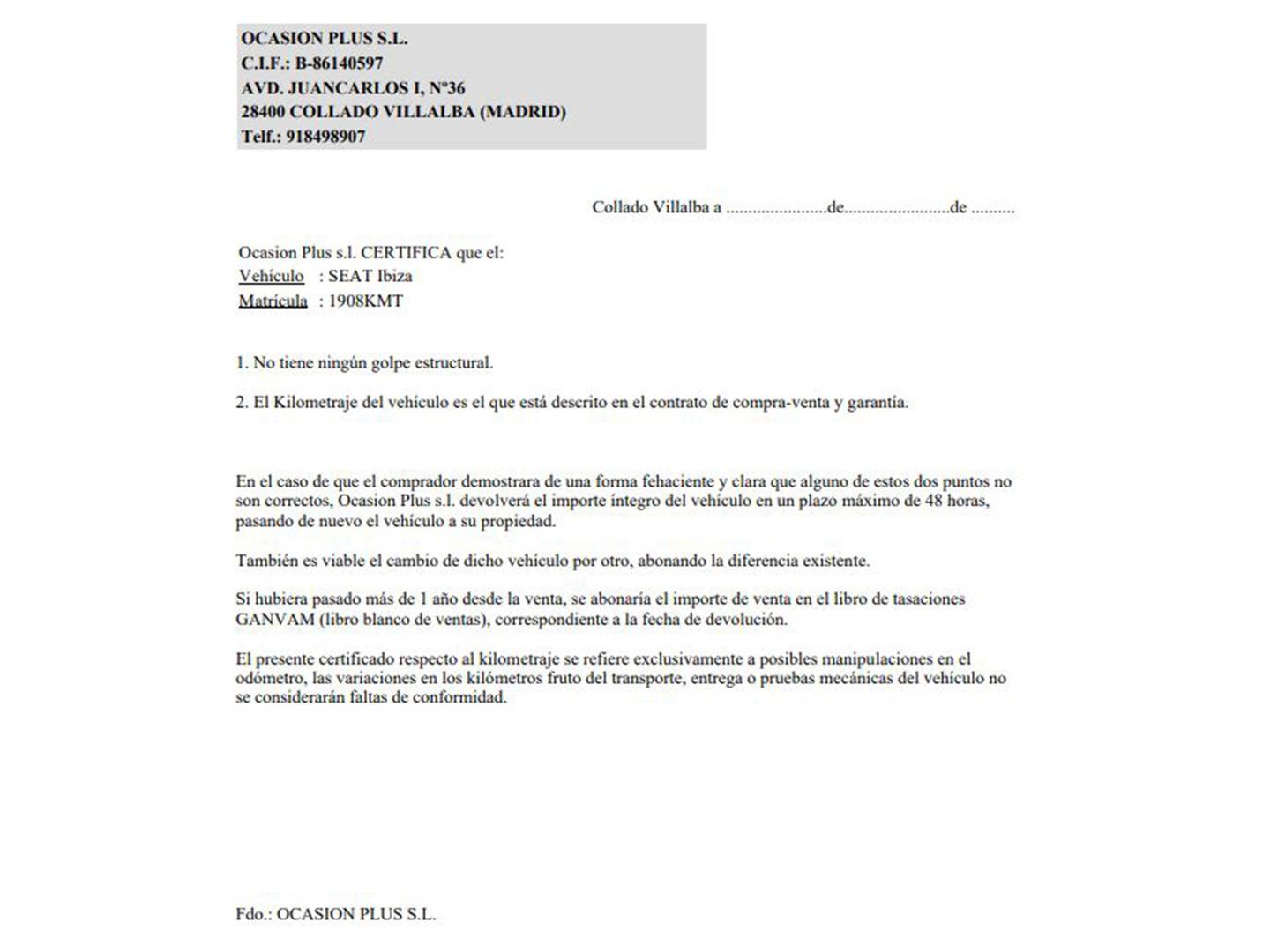 Foto del certificado del Seat Ibiza Seat Ibiza 1.0 S&S Reference Plus (75 CV)